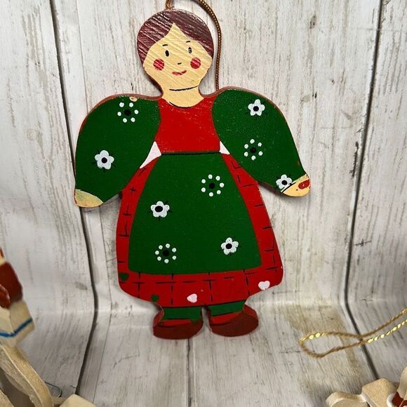 Vintage Wooden Christmas Ornaments 2 Rocking Horses Red Green Dress Lady - Picture 5 of 9